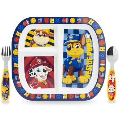 Sorrisini Set di Stoviglie Riutilizzabile Paw, Set Piatti Divisi 3 Pezzi, Set Svezzamento Prima Pappa Bimbo con Piatto, Posate in Acciaio Inox, Piatti in Plastica Adatti per Microonde