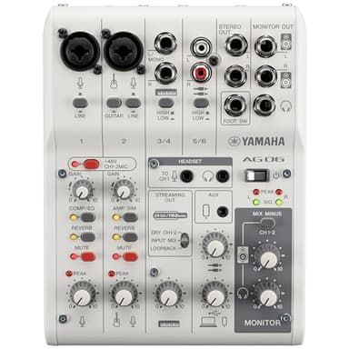 YAMAHA Mixer AG06MK2 Mixer a 6 Canali per Streaming Live con Interfaccia Audio USB, per Windows, Mac, iOS e Android, Bianco