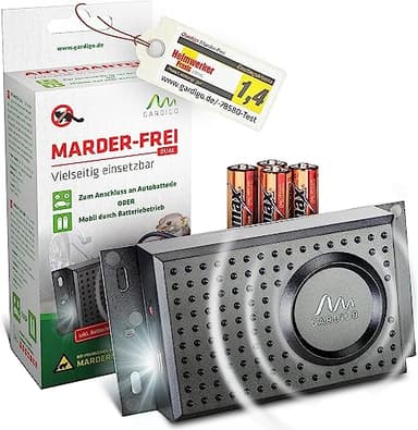 Gardigo® Repellente Martore per Auto con Batterie | Repellente Ultrasuoni Topi per Garage, Cantina | Collegamento Batteria dell'Auto o Tramite Batterie | Ultrasuoni per Topi | Dissuasori per Animali