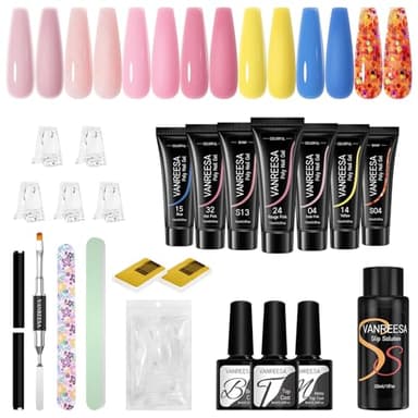 VANREESA Gel Ricostruzione Unghie, 9 Colori 15ml Set Unghie Gel Ricostruzione, Set Ricostruzione Unghie con Base e Top Coat Soluzione Slip Kit Manicure per Principianti Regalo per Donne