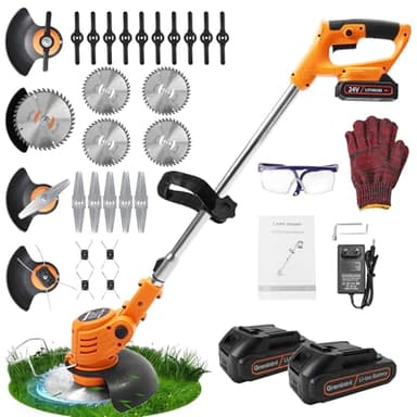 Decespugliatore a batteria,Tagliaerba a Batteria, Decespugliatore Elettrico, Tagliabordi a Batteria con 2 batterie, 4 Tipi Lame,Testata Regolabile e Maniglia Telescopica Tagliaerba per Giardino