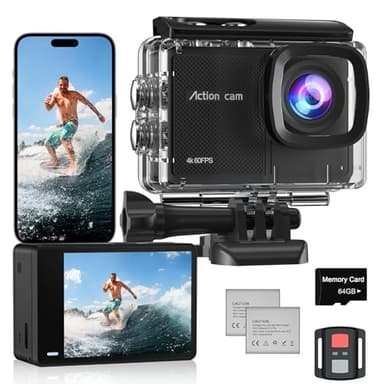 Camlance Action Cam 4K60FPS con Scheda Da 64GB, 131FT Fotocamera Subacquea con 8X Zoom,48MP HD WIFI Videocamera 170° Telecamera EIS,Telecomando 2x1350mAh Batterie