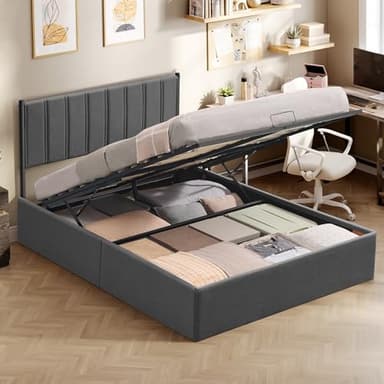 VASAGLE Struttura Letto, 140 x 200 cm, Letto Sollevabile con Contenitore, Testiera, Sollevamento Idraulico, Moderno e Semplice, Montaggio Facile, Grigio Scuro RMB614G02