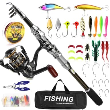 Raxfekro Canna da pesca telescopica, 1,8 m, in fibra di carbonio, con rotolo, set combinato, per acqua salata e acqua dolce, con set di esche da 100 m, cavo in nylon, pinza da pesca e borsa per il