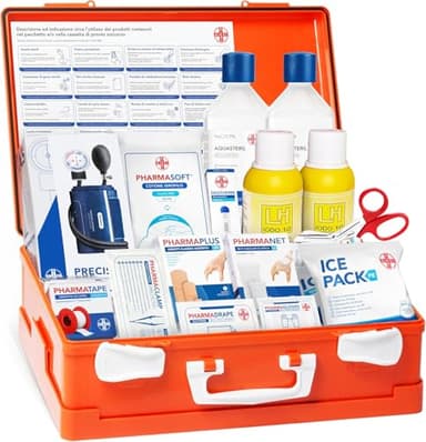 AIESI® Cassetta medica di pronto soccorso ALLEGATO 1 CON SFIGMOMANOMETRO per aziende più 3 dipendenti, Cartello segnaletico in alluminio, Conforme DM388/DL81, Made in Italy