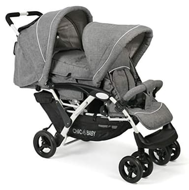 CHIC 4 BABY - Passeggino gemellare DUO con borsa per il trasporto e parapioggia, passeggino fratello per due bambini, passeggino gemellare, passeggino tandembuggy, passeggino, jeans grigio