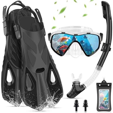 IEEILULU Set di Boccaglio Adulti, Set da Snorkeling 7 Pezzi con Occhiali da Immersione Antiappannante Boccaglio e Pinne Regolabili, Snorkeling Accessori Completi con Borsa, Due Taglie (Nero, L/XL)
