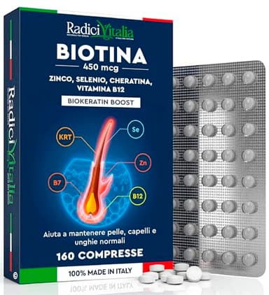 Biotina Zinco e Selenio 450mcg Integratore Vitamina B12 160 Compresse Mantenimento Capelli Pelle e Unghie Sani con Cheratina Biokeratin Boost per Capelli Elastici e Robusti RadiciVitalia Made in Italy