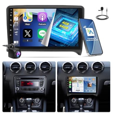 4G+64G Android 13 Autoradio per Audi TT MK2 8J 2008-2014 con Carplay Wireless Android Auto,Schermo da 9 Pollici con Navigatore GPS Bluetooth WiFi FM/RDS HiFi + Telecamera Posteriore
