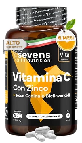Vitamina C 1000 mg e Zinco con Bioflavonoidi e Rosa Canina – Vitamina C 100% Pura, Naturale e Vegana – 180 Compresse – Supporta il Sistema Immunitario – Riduce Stanchezza e Affaticamento – Antiossidan