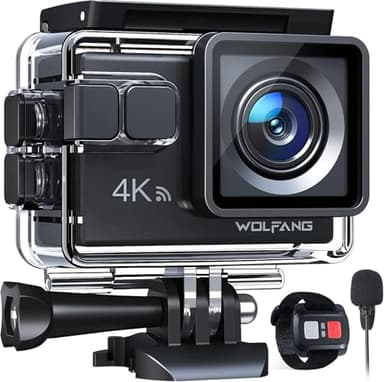 WOLFANG Action Cam GA100 4K 30FPS, 20MP WiFi PC Camera, Fotocamera per Casco, Subacquea 40M Impermeabile Videocamera, EIS, Telecomando2.4G, Mic Esterno,2x1050mAh Batterie e Accessori di Montaggio