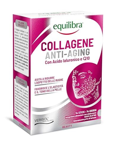 Equilibra, Collagene Anti-Aging, Collagene Idrolizzato VERISOL®, 14 Stick Monodose, 5000 mg Collagene per Dose, con Acido Ialuronico, Coenzima Q10, Migliora l'Aspetto della Pelle, Riduce le Rughe