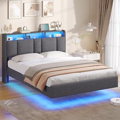 AOGLLATI Letto Matrimoniale 140x190 cm con LED e Stazione di Ricarica, Struttura Letto con Effetto Visivo Levitante, Rete Letto Matrimoniale con Testiera Imbottita e Spazio Contenitore, Grigio Scuro