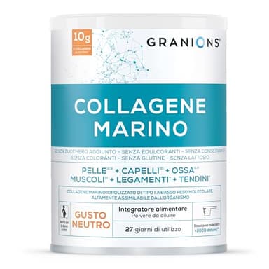 GRANIONS Collagene Marino - Collagene Idrolizzato Tipo 1 in Polvere con Vitamina C - Collagene da bere - Integratori per capelli e pele - Vitamina C - Gusto Neutro - 278g - 10g per Dose - 27 Giorni