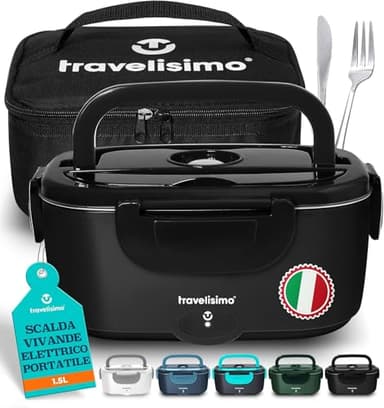 TRAVELISIMO Scaldavivande Elettrico Portatile 100W 1,5L Porta Pranzo Termico 220V/12V/24V Schiscetta Pranzo Riscaldabile per Viaggio e Lavoro Portavivande Termico & Porta Pranzo Riscaldabile
