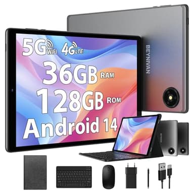 BEYNIVAN Tablet 10 Pollici con 4G LTE e 5G WiFi,Android 14 Tablet in offerta con sim,36GB RAM 128GB ROM,8000mAh,1920x1200 incell,volto ID,tab con Tastiera e Mouse + custodia,Grigio