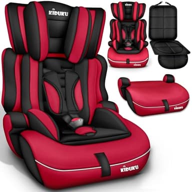 KIDUKU Seggiolino auto con coprisedile, cresce con il bambino, sedile, universale, approvato con la normativa ECE R129/03, 9-36 kg (1-12 anni), gruppo 1+2+3 (Noir/Rosso)