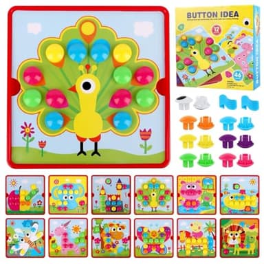 TNEDFOD Mosaico per Bambini, Educativo Montessori, Puzzle 46 Pulsanti e 12 Carte per 3 4 Anni