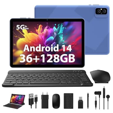 WOREGOO 10 pollici Tablet, Android 14 Touch Tablet 36G RAM+128G ROM (1TB TF), 5G WiFi, Octa-Core 2.0Ghz, 8000mAh, 1280 * 800 HD, 5MP + 8MP fotocamera con tastiera/mouse/caso -Blu