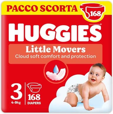 Huggies Little Movers, Pannolini Taglia 3 (4-9 Kg), Ultra assorbente, Design Disney, Pacco Scorta, 168 Pz