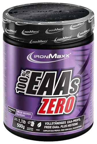 IronMaxx 100% Percento EAAs ZERO Aminoacidi in polvere- integratore a base degli 8 aminoacidi essenziali con alto contenuto di BCAA- vegano- senza zuccheri- gusto: frutti di bosco- alta dose- 500g