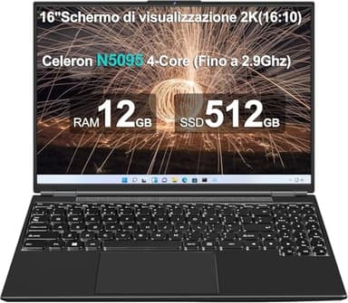 PC Portatile 16 Pollici Computer Portatile Win11 12+512GB SSD Espansione 1TB N5095 fino a 2.9Ghz, Notebook Laptop Ventola di Raffreddamento丨5GWIFI丨2K FHD丨Mini HDMl丨Membrana Tastiera Italiana-Nero