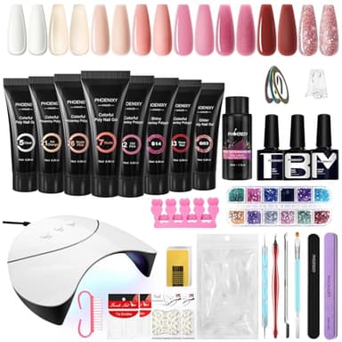 Kit Unghie Gel Completo, Phoenixy 8 Colori Rosa Gel Ricostruzione Unghie con Lampada per Unghie 36W U V/LED, Kit Ricostruzione Unghie Professionale con Base y Top Coat