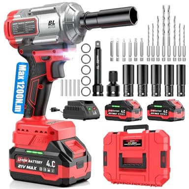 Avvitatore a Impulsi a Batteria 3-in-1 / Impact Driver/Trapano a Percussione – 1200Nm Alta Coppia 1/2" con Motore Brushless, 2× Batterie 4.0Ah, Bussole, Punte e Inserti – Ideale per Auto, DIY e Uso