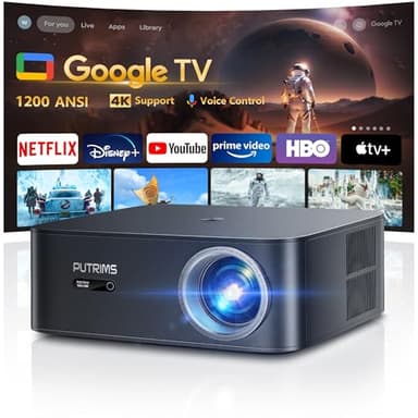 Proiettore【Disney/Netflix Ufficiale/Google TV】36000LM Proiettore 4K Supporto, PUTRIMS Autofocus/Keystone Nativo 1080P Full HD Videoproiettore con Controllo Vocale 50% Zoom per telefono/Home Cinema