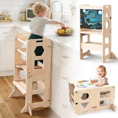 3-in-1 Torre montessoriana per bambini, Sgabello pieghevole con lavagna, torre di apprendimento per bambini per cucina, tavolo da pranzo e bagno