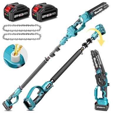 SEESII 2-in-1 Motosega Telescopica & Mini Motosega con 2 Batterie da 4000mAh, Motosega Senza Spazzole da 8 Pollici con Asta Telescopica, Estendibile fino a 15 Piedi Ideale per Potatura Alberi