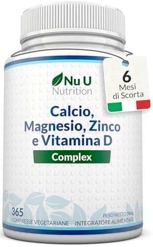Calcio, Magnesio, Zinco e Vitamina D3 ad Alto Dosaggio - 365 Compresse Vegetariane - Complesso con Selenio, Rame, Manganese e Boro - 6 Mesi di Durata - Prodotto in Europa - Nu U Nutrition