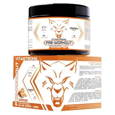 Pre Workout Potente 300g, con Vitamina B12, L Citrullina, Beta Alanina,Taurina, AstraGin, Vitastrong Pre Workout Made in Italy (24 Porzioni (Confezione da 1),Orange - No Caffeine)