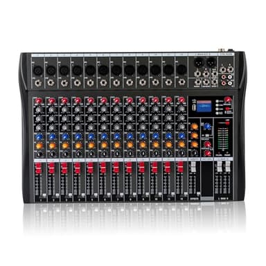 Mixer audio professionale a 12 canali, console stereo USB Bluetooth, display LCD per registrazione, DJ, palco, karaoke, live streaming, 48 V Phantom Power