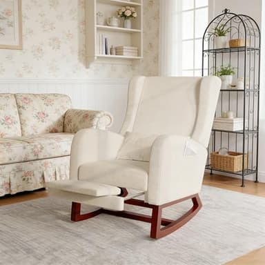 HYNHXBP Poltrona a Dondolo Ergonomica, con Braccioli e Tasche Laterali, Sedia da Allattamento con Cuscini, Struttura in Legno Massello, Chaise Longue per Soggiorno o Camera da Letto (Beige)