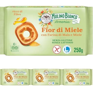 Mulino Bianco Fior di Miele Biscotti Frollini al Miele Millefiori con Farina di Mais, Senza Lattosio, Glutine e Olio di Palma, Mulino Armonia, Confezione con 6 Monoporzioni da 6 Biscotti