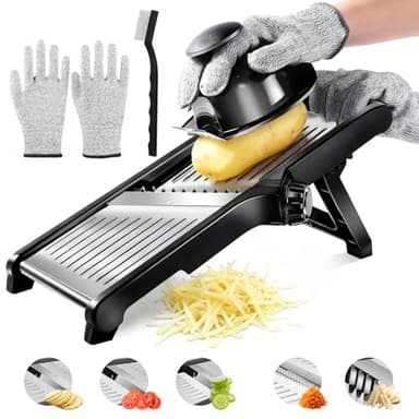Zencantorous Mandolina per Verdure Regolabile, Mandolina Affettatrice Professionale in Acciaio Inox, Taglia e Affetta Verdure Regolabile, con 1 Spazzola di Pulizia e 1 Guanti di Sicurezza