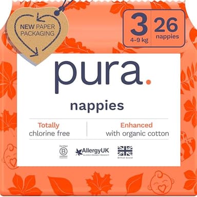 Pura Pannolini Eco Baby - Taglia 3 (4-9 kg), 1 confezione (26 pannolini), pannolini ultra morbidi per pelli sensibili, cotone biologico, fino a 12 ore di protezione dalle perdite, nuova guida alle