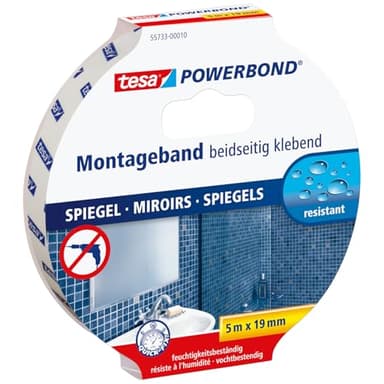 Tesa Powerbond Specchi - Nastro Biadesivo per Specchi - Nastro Adesivo Resistente All'Umidità, Adatto per Docce e Bagni - 5 m x 19 mm