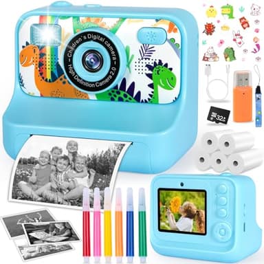TEBOKHAD Macchina Fotografica Bambini Istantanea, Macchina Fotografica Istantanea Bambini HD/1080p Con Carta Da 32g, 5 Carta Da Stampa E Penne Colorate, Schermo Da 2,4 Pollici per Regalo Di Natale