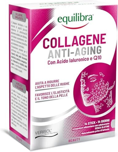 Equilibra, Collagene Anti-Aging, Collagene Idrolizzato VERISOL®, 14 Mono Stick, 5000mg Collagene a Dose, con Acido Ialuronico, Coenzima Q10, Migliora l'Aspetto della Pelle, Riduce le Rughe