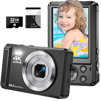 Fotocamera digitale, fotocamera compatta da 4 K, 64 MP, con scheda da 32 GB, 16 zoom digitale, 2,4 pollici, fotocamera digitale per bambini, principianti, adolescenti (nero)