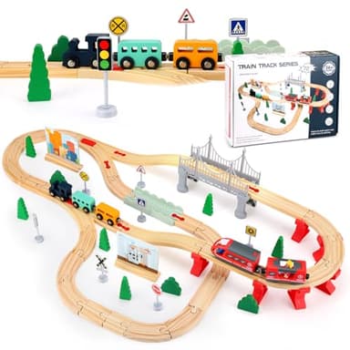 Brolteja Pista Treno in Legno, Trenino Elettrico per Bambini,72 pcs Giocattolo per ferrovia in legno per bambini,Regalo per Bambini di 3 4 5 6 Anni, regali per ragazze e ragazzi