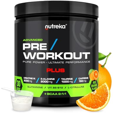 Nutreika® Pre Workout PLUS Potente in Polvere 300g, Preworkout Forte con Creatina, Beta Alanina, Caffeina, Citrullina, Glutammina e Taurina per Palestra - Made in Italy