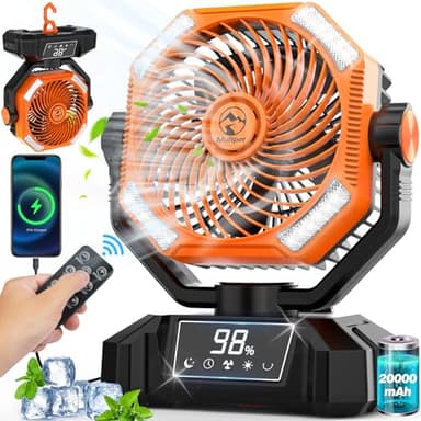 Multper 20000mAh Ventilatore da Campeggio con Luce LED 5 Velocità Ventilatore Portatile Ricaricabile con Telecomando e Gancio, Ventilatore USB con Testa Scuotente,Ventilatore da Tavolo Campeggio Tende