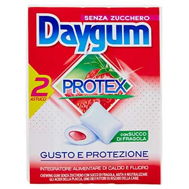 Daygum Protex, Chewing Gum, Gusto Fragola, Senza Zucchero, con Xilitolo, Confezione da 2 Astucci da 24 Gomme da Masticare, da Portare Sempre con te