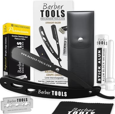 Rasoio da barba uomo/rasoio a mano libera per barba - con pietra d'allume, panno lucidante, custodia, 5 lame doppie - (rasoio da barbiere) - NERO - BARBER TOOLS