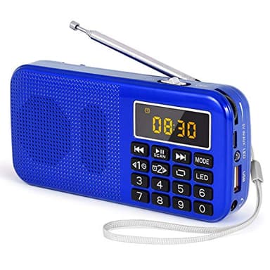 PRUNUS J-725 Radio Portatile Ricaricabile FM, Radiosveglia, Radiolina Portatili Digitale Piccola con Torcia di Emergenza, Funzioni di Orologio e di Allarme, Lettore MP3, Support USB/AUX/TF Card (Blu)