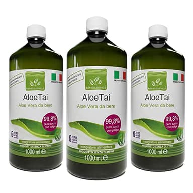 Benessence - Succo e Polpa di Aloe Vera Liquido da Bere Non Pastorizzato e Non Filtrato da bere - 3 bottoglie da 1 litro, stimola le funzioni Depurative dell'organismo, facilita la Digestione