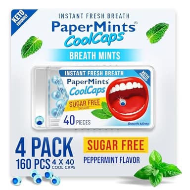 Papermints CoolCaps Instant Fresh Breath Mints Box 40 x 4 Pack, deodorante per respiro e trattamento alito cattivo per adulti, trattamento alitosi - Pulisci e rinfresca dall'intestino.